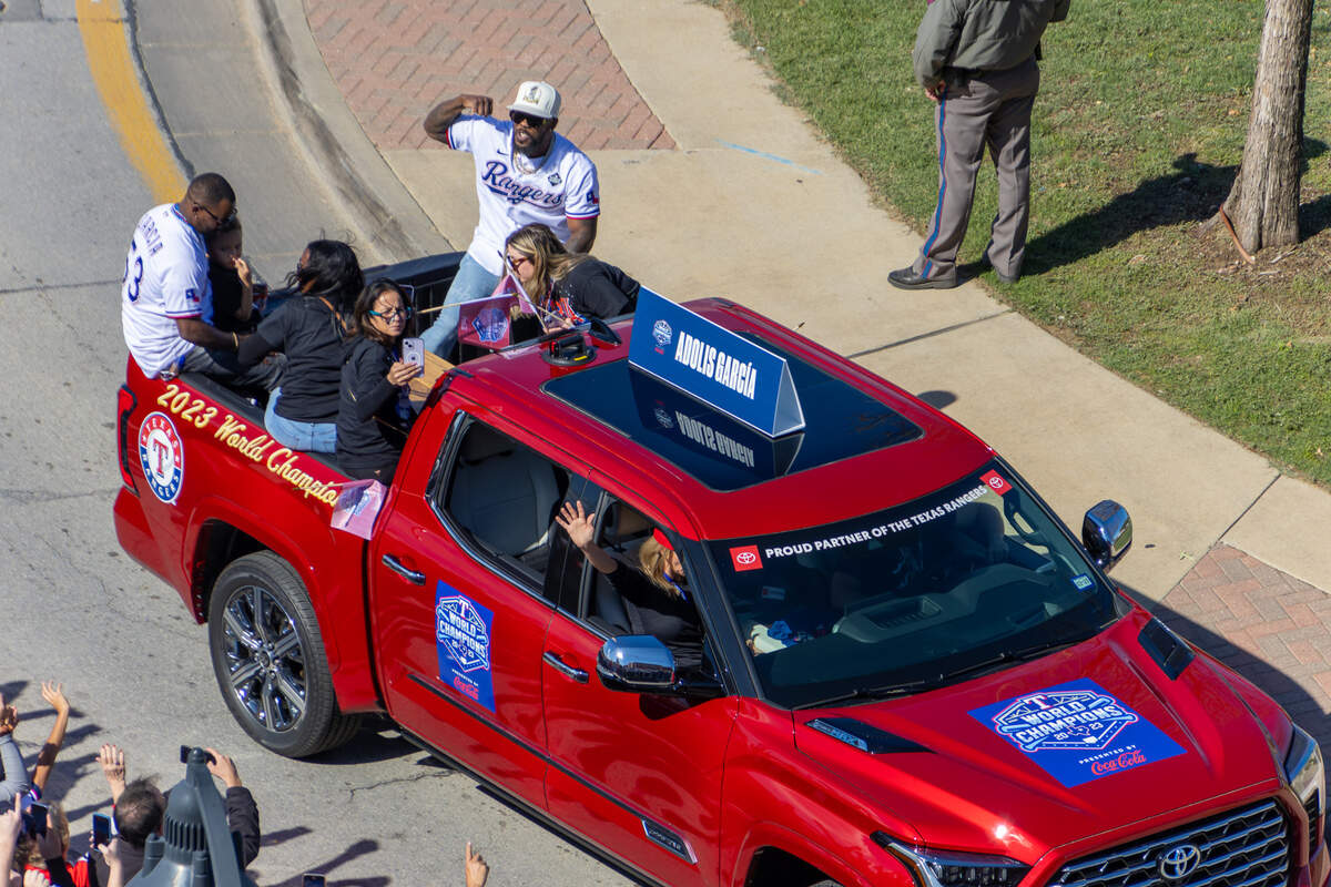 Texas Rangers outfielder Adolis García during the World Series parade Friday, Nov. 3, 2023, in Arlington.