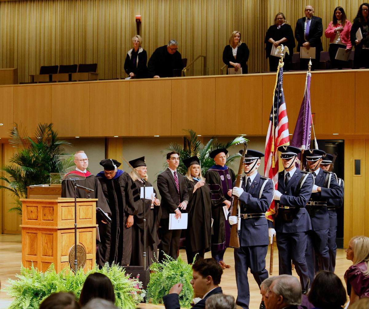 The TCU Air Force ROTC presents the colors during the Investiture of President Daniel W. Pullin in the Van Cliburn Concert Hall at TCU in Fort Worth on Thursday.