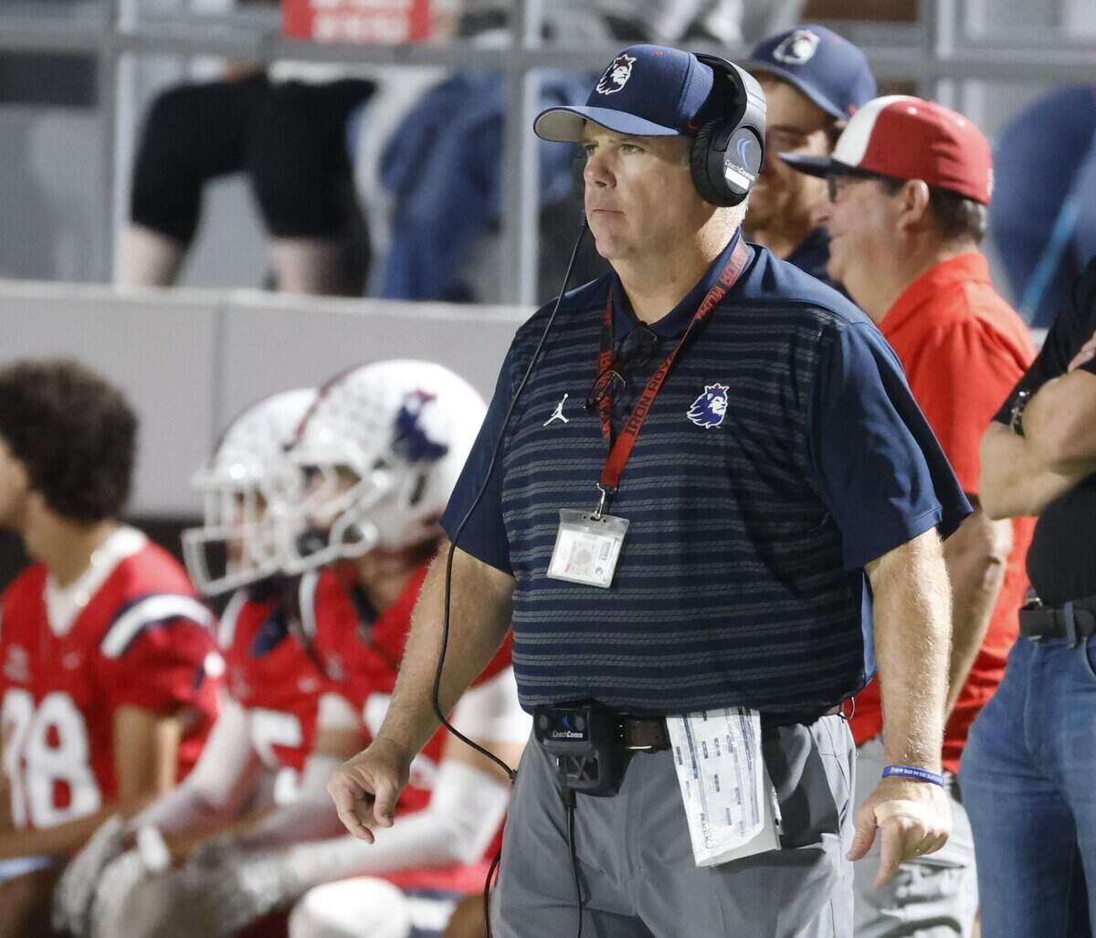 North Richland Hills Richland head coach Ged Kates watches his offensive unit during the first half of a UIL football game against Aledo on Thursday, October, 23, 2025 at Birdville FAAC Stadium in North Richland Hills, Texas.