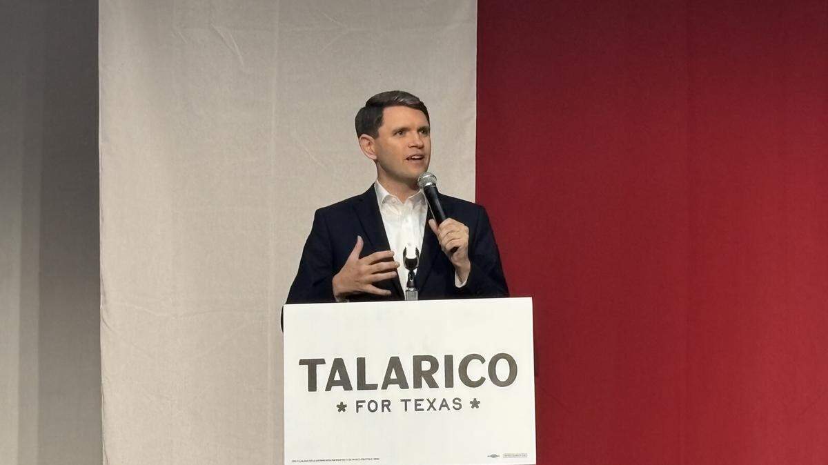U.S. Senate candidate James Talarico speaks to over 4,000 rally attendees in front of a massive Texas flag on June 1, 2026 in the Plano Event Center