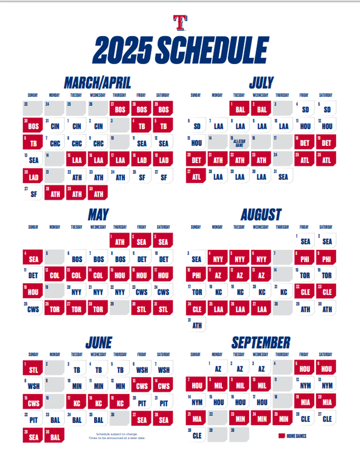 The Texas Rangers 2025 regular season schedule. 