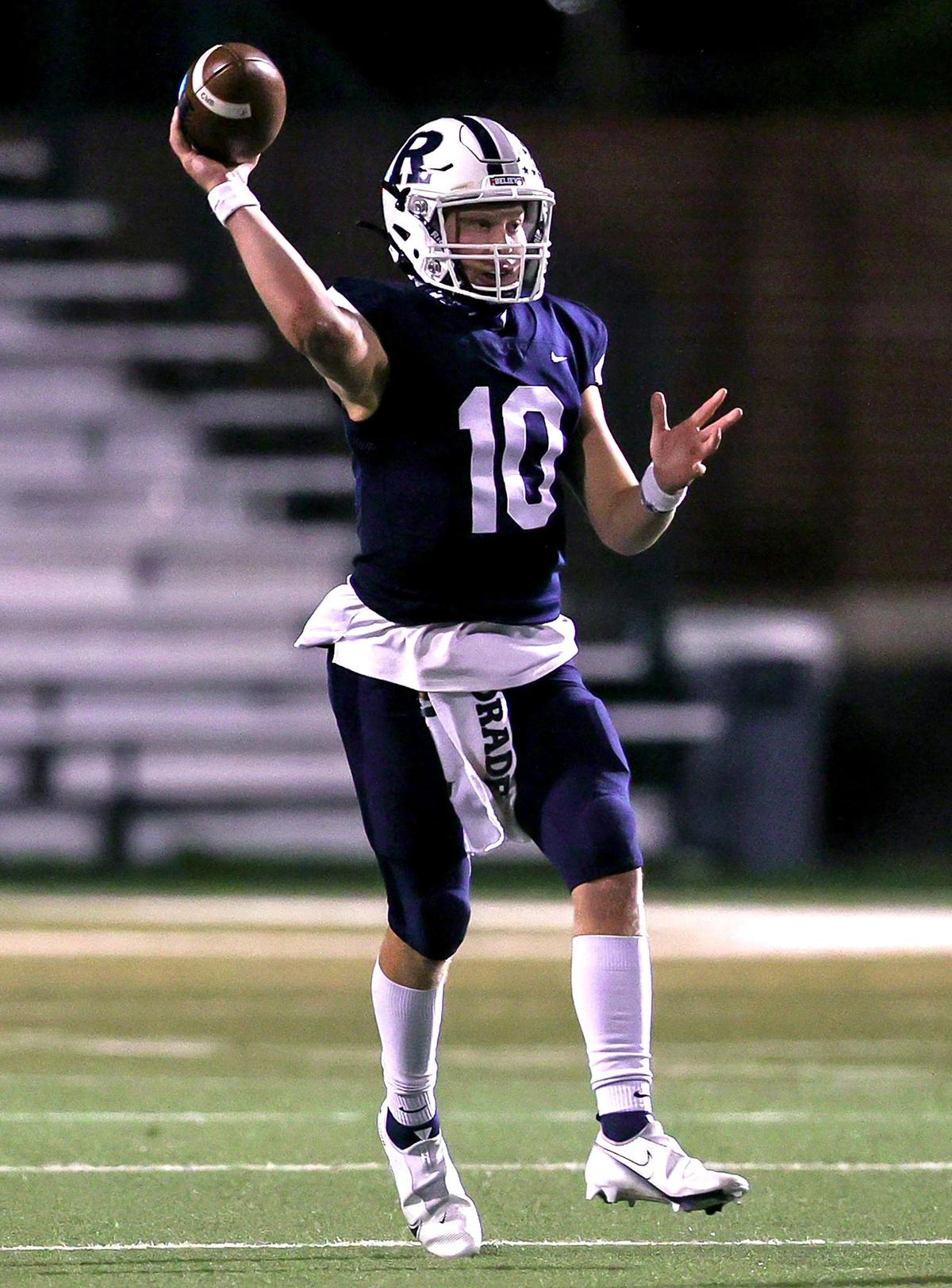 Richland quarterback Cole Benson looks to pass against Colleyville Heritage during the first half of a high school football game, October 23, 2020 played at the Birdville ISD Fine Arts/Athletics Complex in North Richland Hills, Tx. (Steve Nurenberg Special to the Star-Telegram)