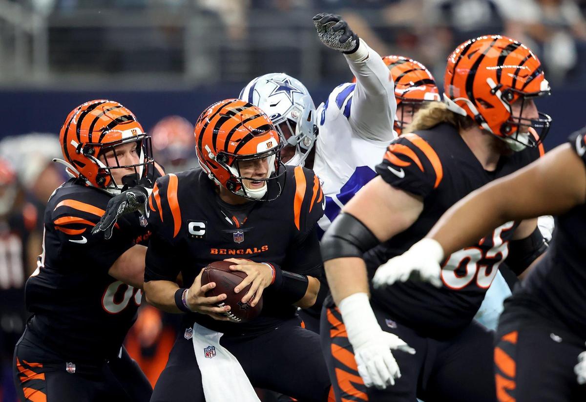 Dallas Cowboys defensive end Durance Armstrong reaches towards Cincinnati Bengals quarterback Joe Burrow for the sack on Sunday, September 18, 2022.
