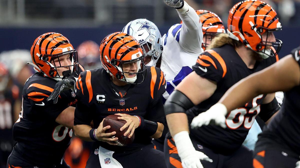 Dallas Cowboys defensive end Dorance Armstrong corrals Cincinnati Bengals quarterback Joe Burrow for one of his two sacks Sunday.