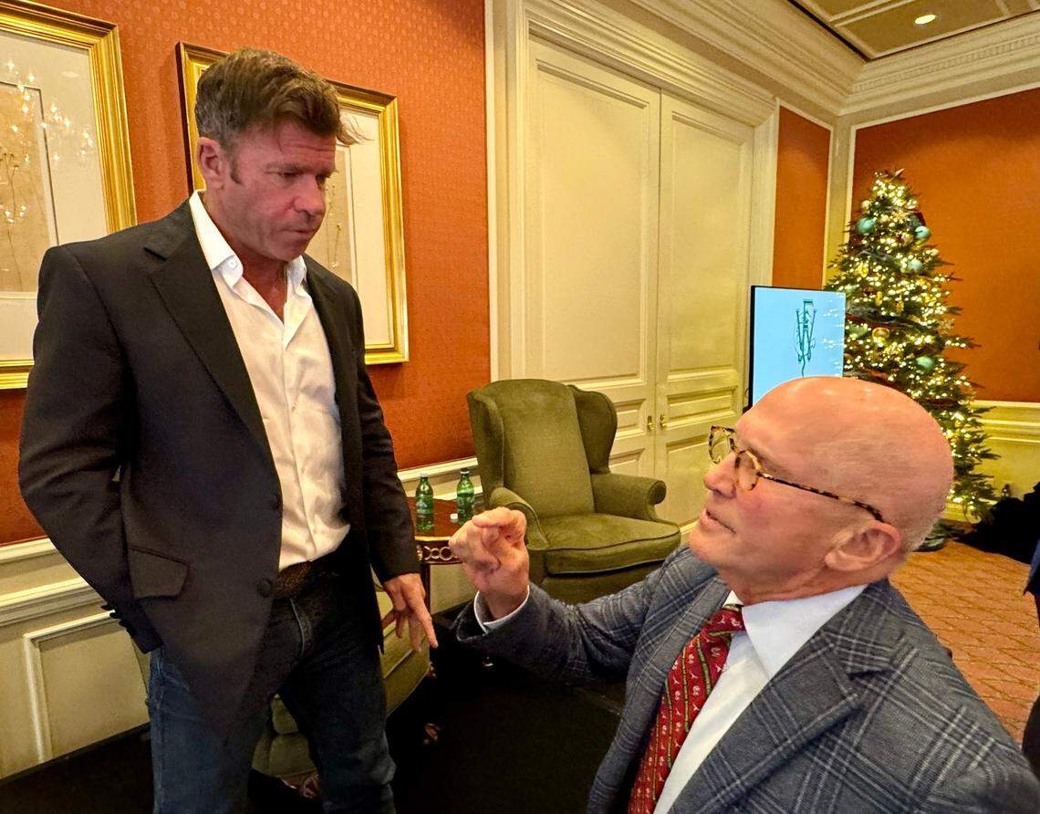 Investor Billy Rosenthal, right, talks to “Yellowstone” executive Taylor Sheridan, on stage, after Rosenthal donated a total of $105,000 to the Goodfellow Fund charity. Rosenthal will share a trip to see the TV series filmed and meet the cast.