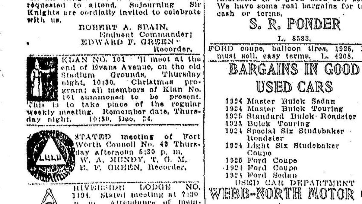 A routine lodge meeting announcement summoned Fort Worth Klan No. 101 to meet at 10:30 p.m. Christmas Eve near what is now Echo Park.