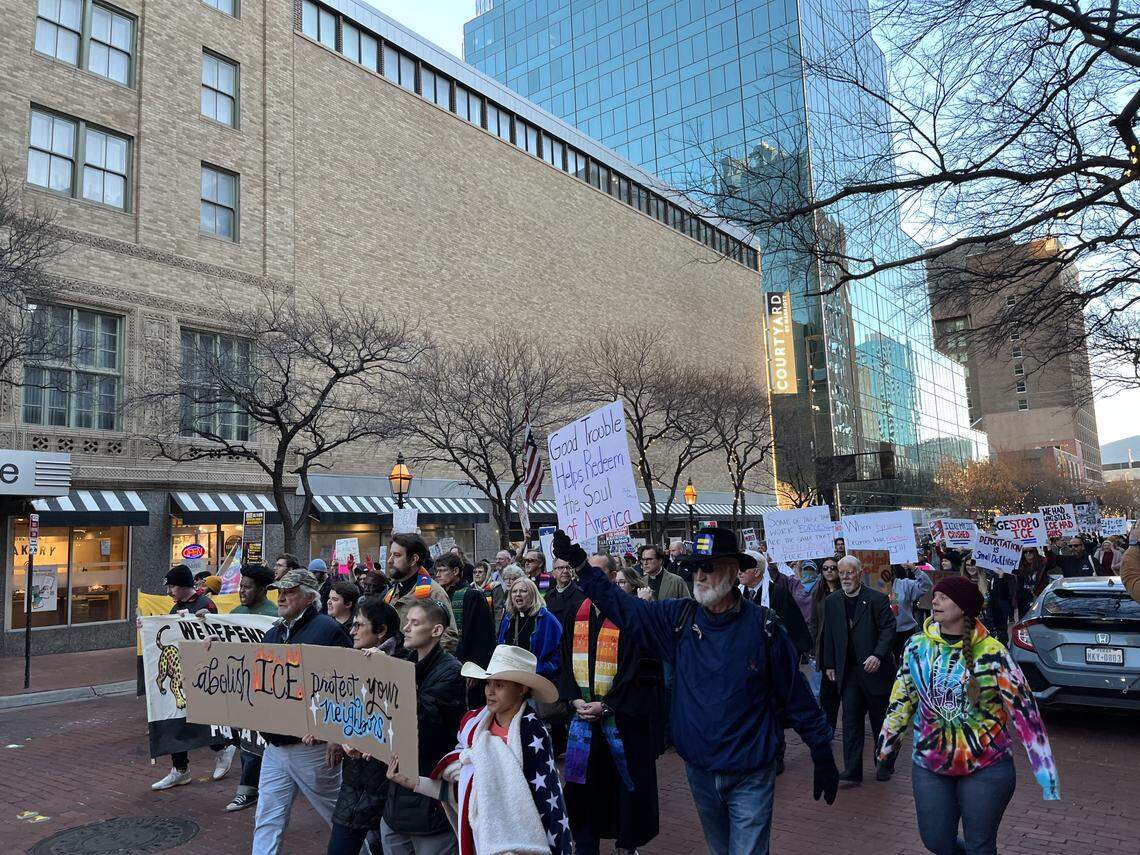 Several hundred protesters march in downtown Fort Worth on Saturday, Jan. 10, 2026, over the shooting death of Renee Good in Minnesota by an immigration agent.