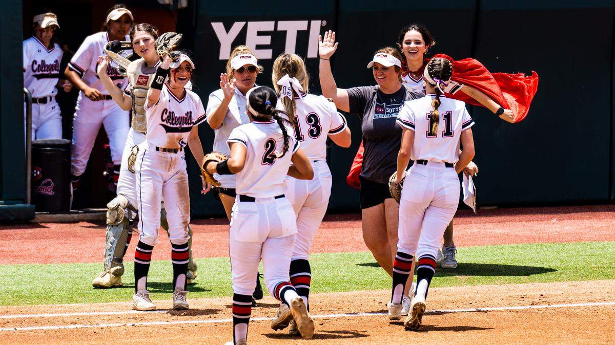 Colleyville Heritage players and coaches celebrate at the end of an inning against New Braunfels Canyon in a Class 5A state semifinal on Friday, June 2, 2023 at McCombs Field in Austin.