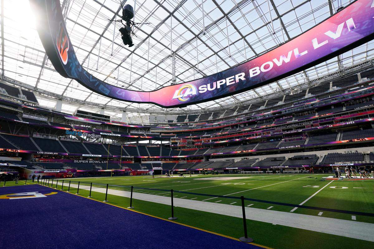 The interior of SoFi Stadium is seen days before the Super Bowl NFL football game Tuesday, Feb. 8, 2022, in Inglewood, Calif. The Los Angeles Rams are scheduled to play the Cincinnati Bengals in the Super Bowl on Sunday, Feb. 13. (AP Photo/Marcio Jose Sanchez)