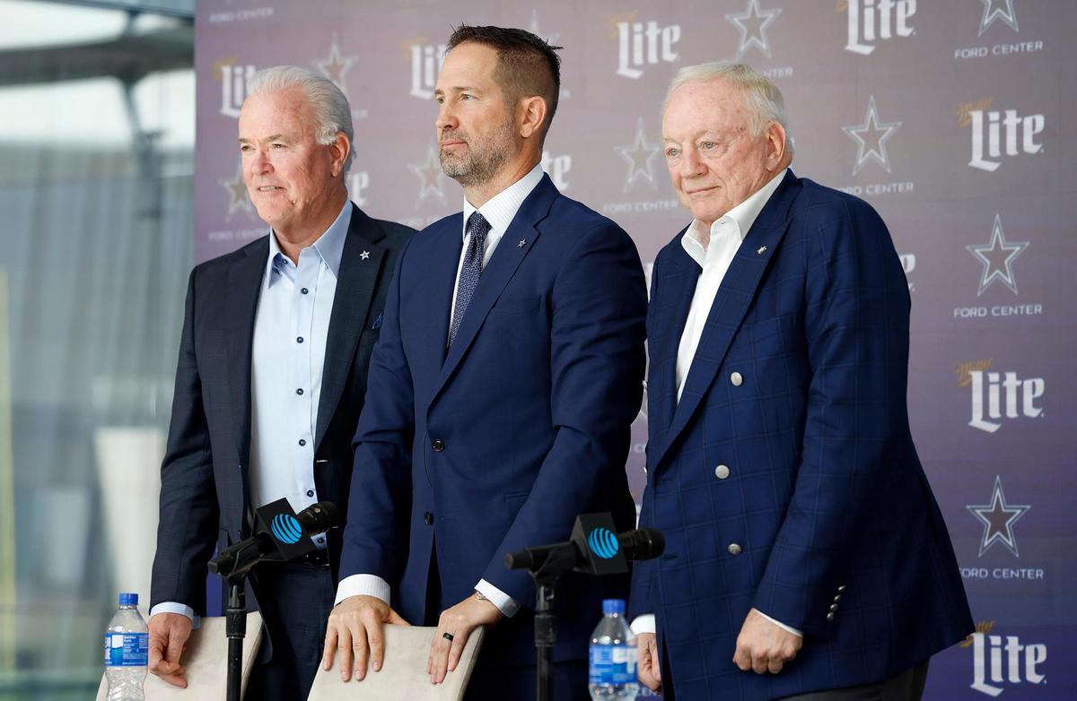 New Dallas Cowboys head coach Brian Schottenheimer, center, with Stephen Jones, left, and Jerry Jones at a press conference on Monday, Jan. 27, 2025, at The Star in Frisco.