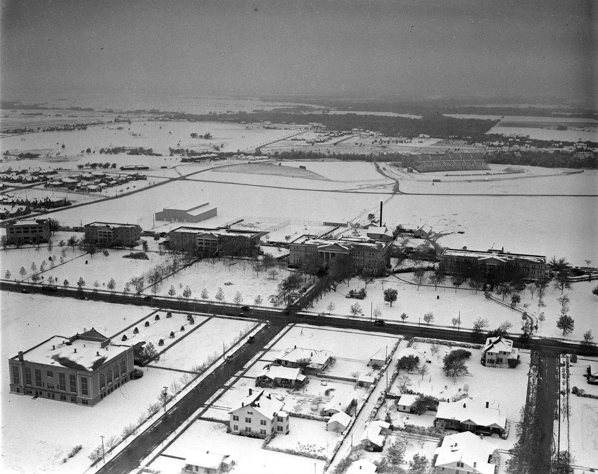May 1939: “Aerial view of Texas Christian University (T. C. U.) addition in the snow looking west, Fort Worth, Texas.”