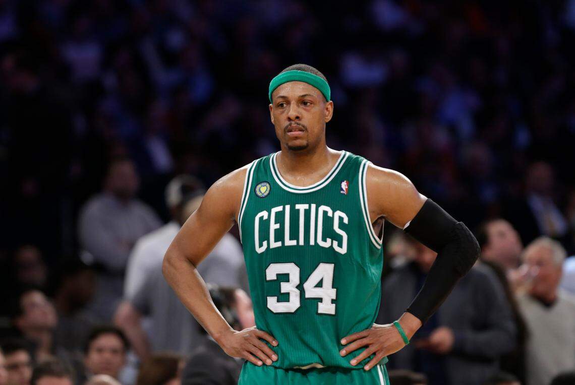 Boston Celtics forward Paul Pierce (34) reacts in the second half of Game 2 of their first-round NBA basketball playoff series against the New York Knicks in New York, Tuesday, April 23, 2013. The Knicks defeated the Celtics 87-71 to go up 2-0 in their series. .(AP Photo/Kathy Willens)
