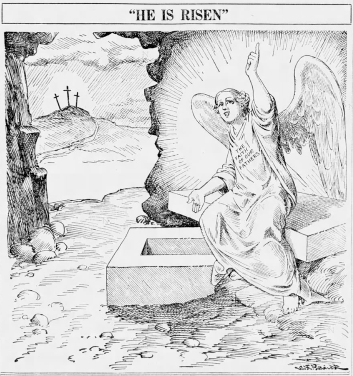 An Easter Sunday 1922 Star-Telegram cartoon includes the then-common white, blonde depiction of an angel labeled “The Faith of our Fathers.”