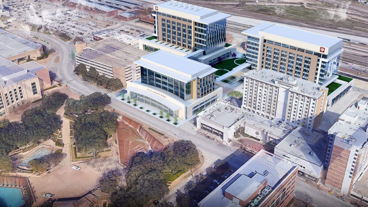 An artistic rendering of the three new buildings around a courtyard space that will be Texas A&M-Fort Worth’s new research campus in downtown. In the foreground is the city’s Water Gardens.