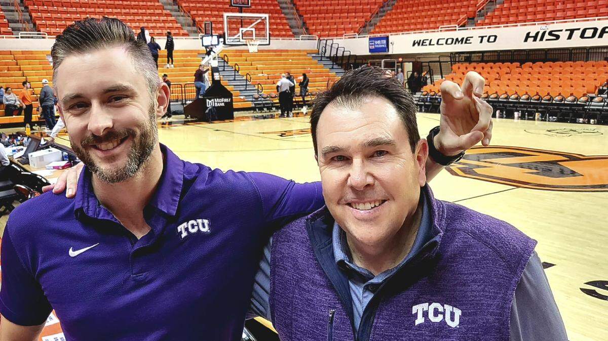 TCU basketball fan William Leiss, left, and radio analyst John Denton before the TCU-Oklahoma State game in Stillwater earlier this month.
