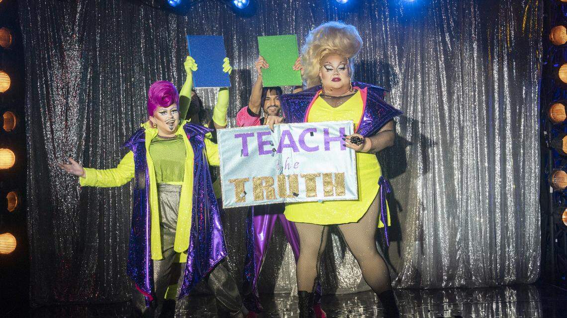 Drag queen Eureka O’Hara and Lou perform at a drag show in Granbury on “We’re Here”. Season 3 episode 1 takes places in Granbury.