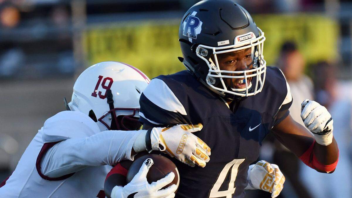 Central High’s Donovan Blackshear, left catches Richland’s Rashee Rice, after he takes a catch during their high school game on Sept. 7, 2017 at the Bridville Fine Arts Activity Center.