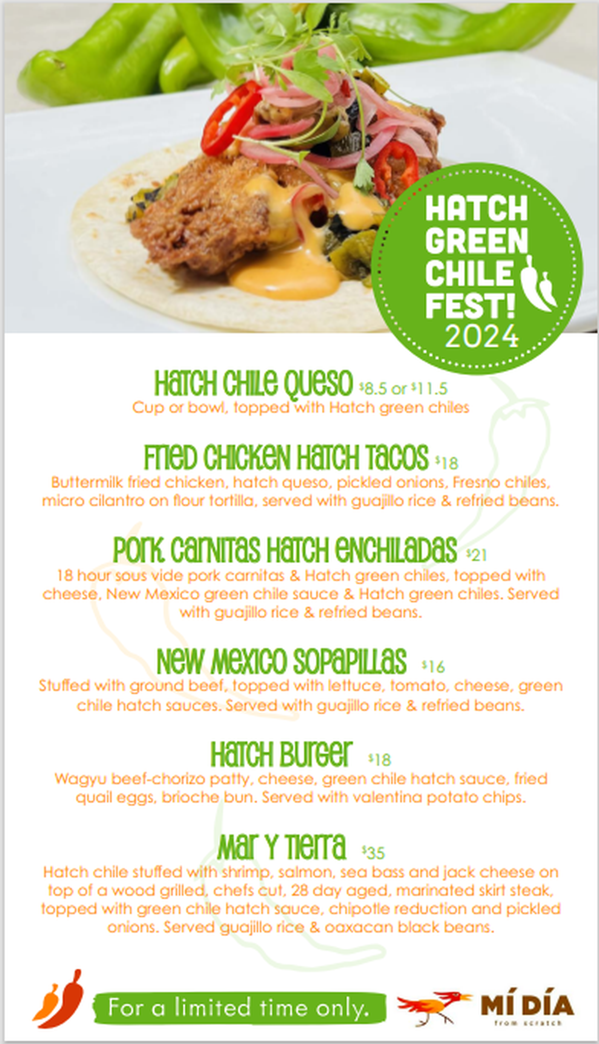 Mi Dia Hatch Chile menu that is limited time available until the end of August.