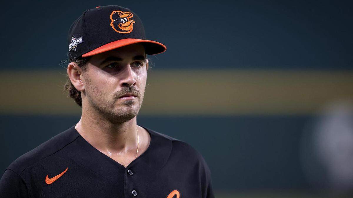 Dean Kremer, starting pitcher for the Baltimore Orioles in Game 3 of their American League Division Series, before the start of the game on Tuesday, October 10, 2023. Kremer is a dual citizen of Israel and America and will be thinking of his family in Israel amid the ongoing violence in the region.