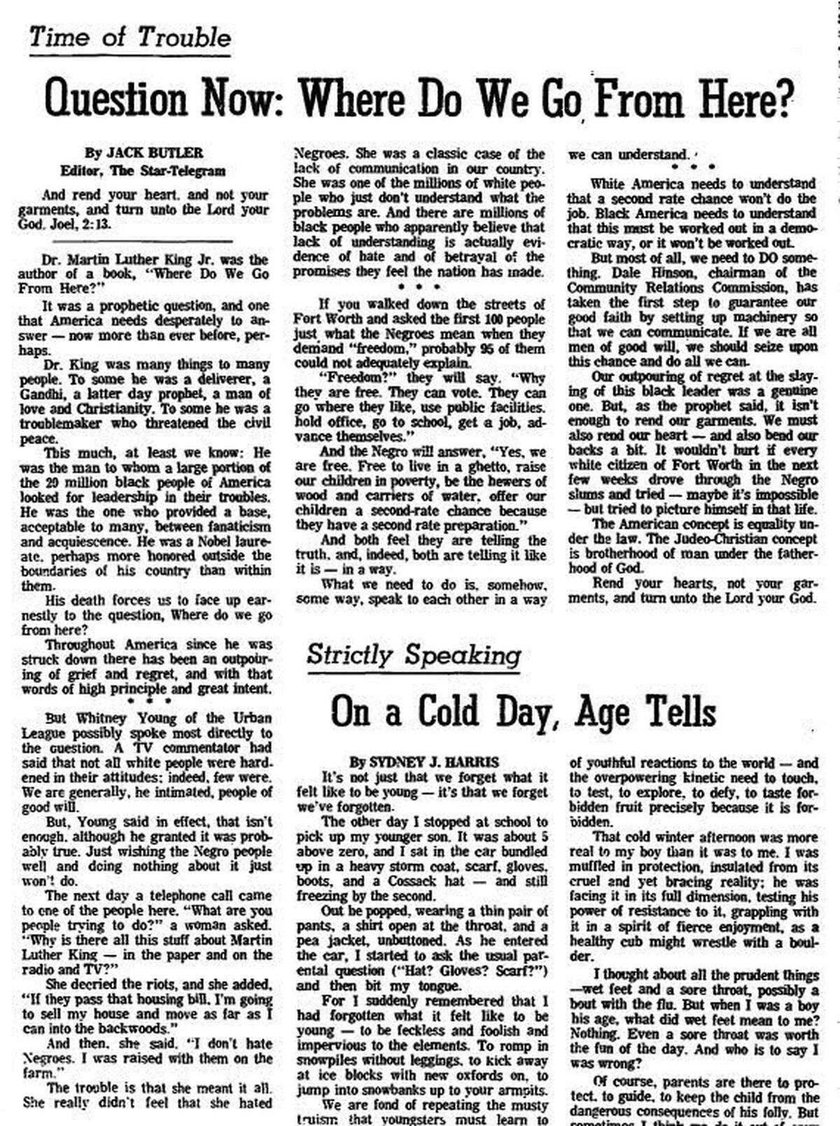 Star-Telegram editor Jack Butler wrote passionately about racial reconciliation the week after the assassination of the Rev. Martin Luther King Jr.