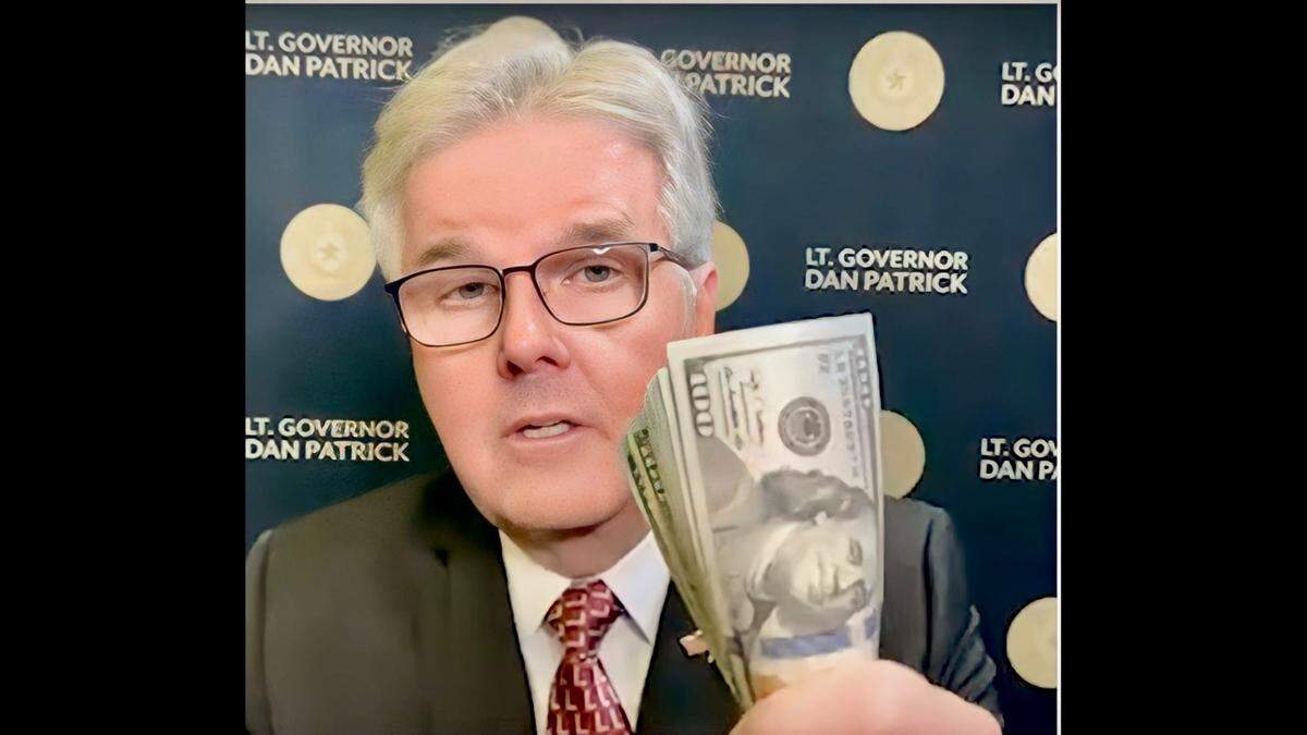 Lt. Gov. Dan Patrick waved $100 bills in an April 2023 WFAA/Channel 8 TV interview to make his case for tax exemptions.