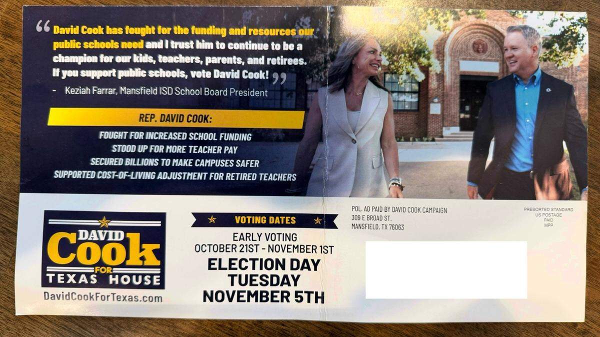 A mailer for David Cook, the incumbent Republican candidate for Texas House District 96, features an endorsement from Mansfield School Board President Keziah Farrar. Some district parents and another school board trustee questioned the ethics and legality of her endorsement.
