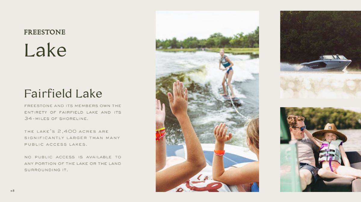 Marketing materials for the planned “Freestone” community emphasizes the private lake access on Fairfield Lake.