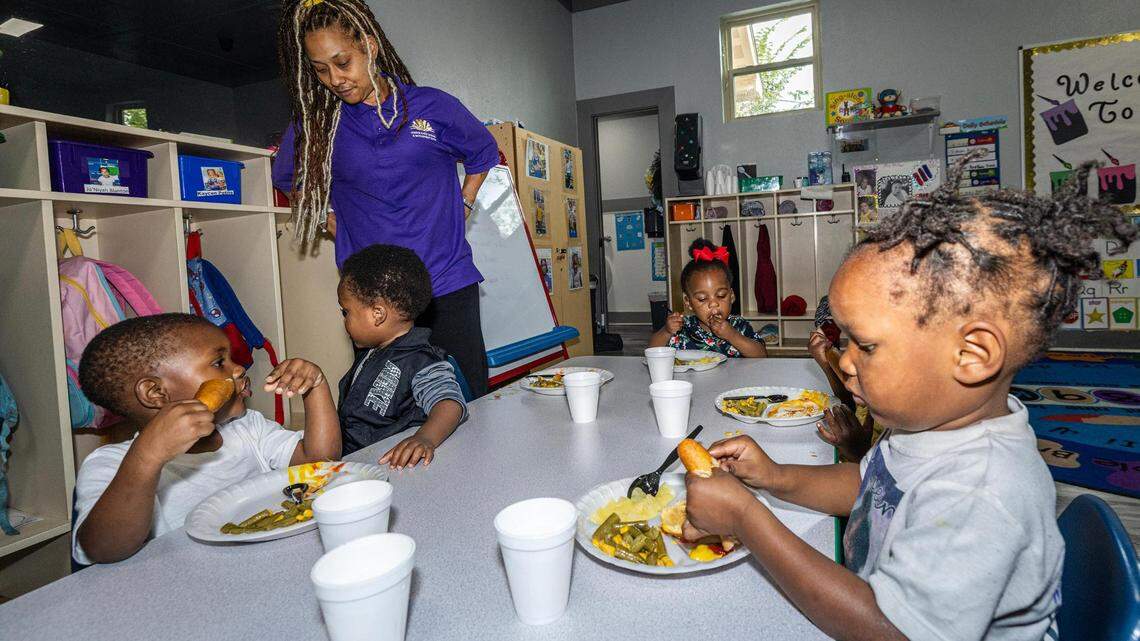 Toddler teacher Breaunna King looks after her students during lunch break at Sunrise Early Learning and Development Center in Fort Worth on Oct. 26, 2023.