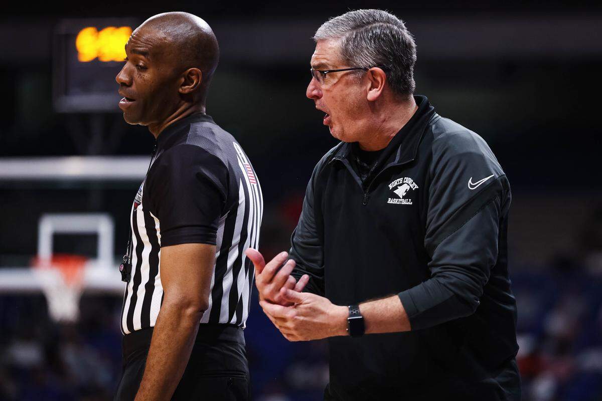 North Crowley head coach Tommy Brakel expresses frustration with an official after a play in the Class 6A Division I state championship against San Antonio Brennan on Saturday at the Alamodome in San Antonio.