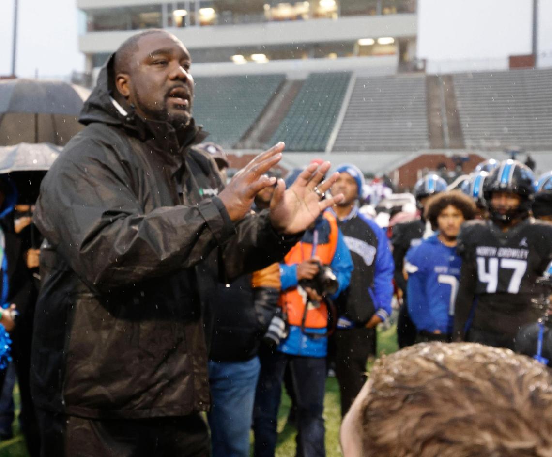 North Crowley head coach Ray Gates talks to the team after winning a Class 6A Division I quarterfinal Dec. 7, 2024, at Vernon Newsom Stadium in Mansfield.