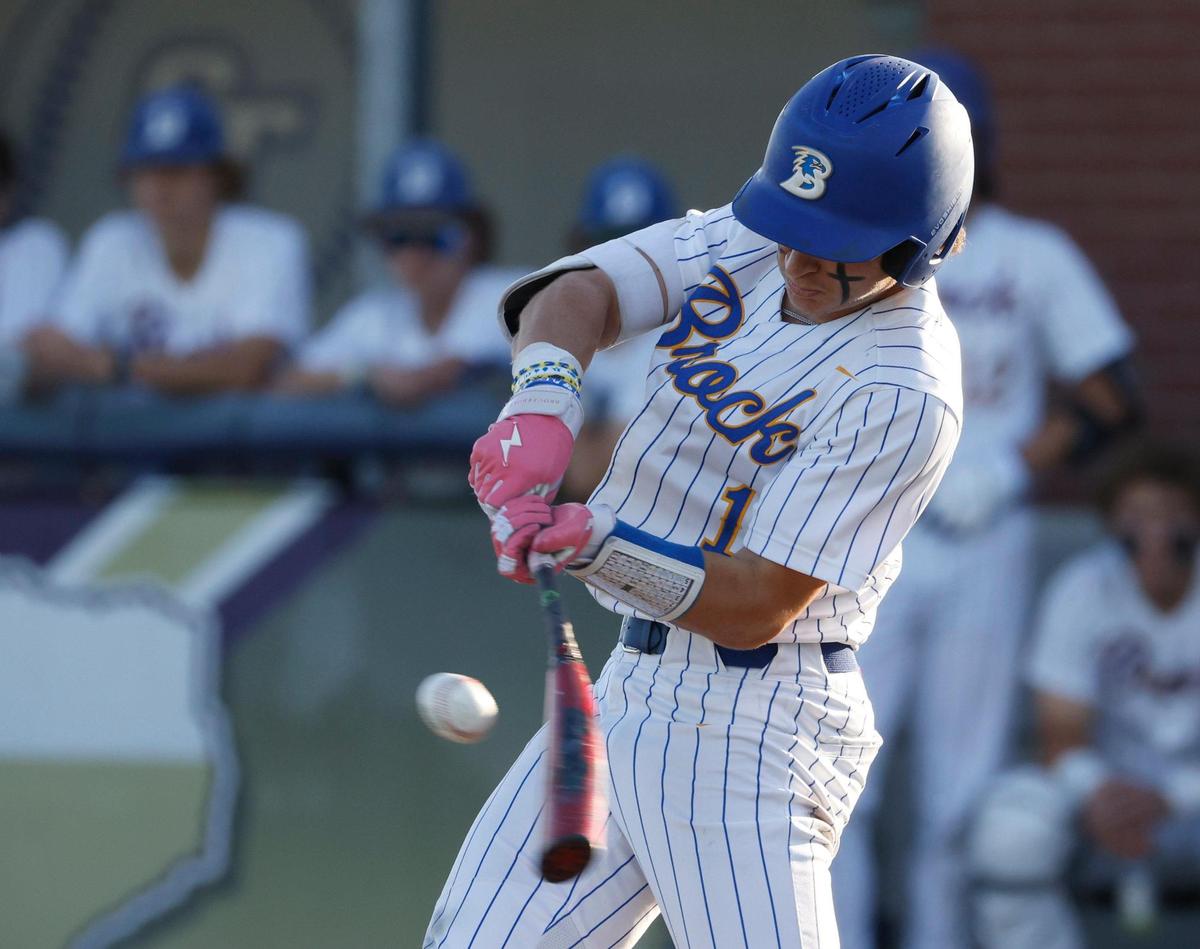 Brock center fielder Jesse Rusinek (1) connects in fit first inning during a UIL Area Round 4A D2 baseball playoff game at Ranger Field in Saginaw, Texas, Friday, May 09, 2025.