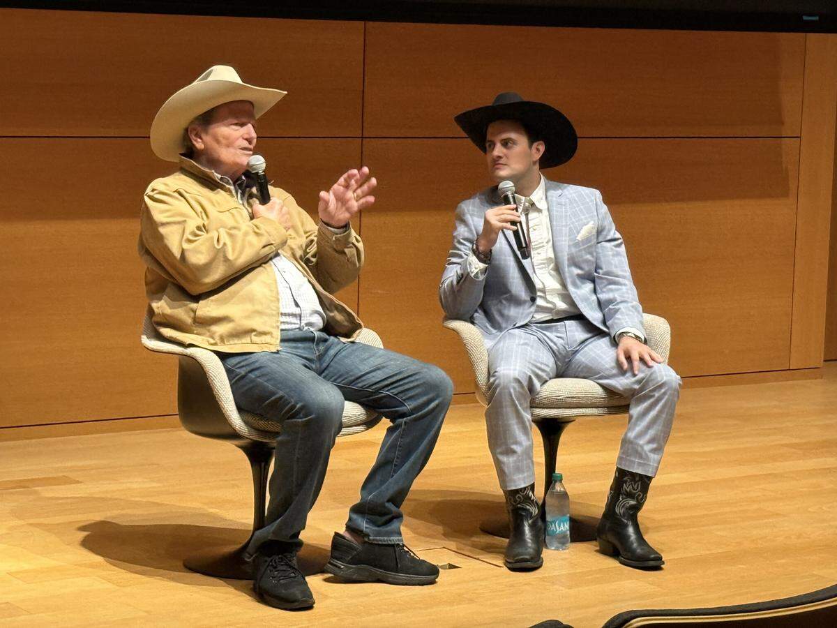 Cowtown Movie Classics founder Ryan Bijan Jeri, right, with Patrick Wayne, actor and son of the legendary John Wayne. Here, Jeri interviews Wayne at the Modern Art Museum of Fort Worth.