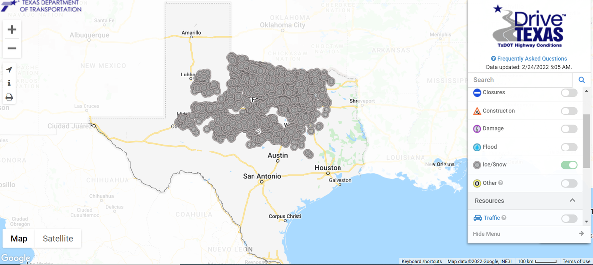 By 5 a.m. Thursday, most of North and Central Texas were reporting dangerous icy roads, according to TxDOT.