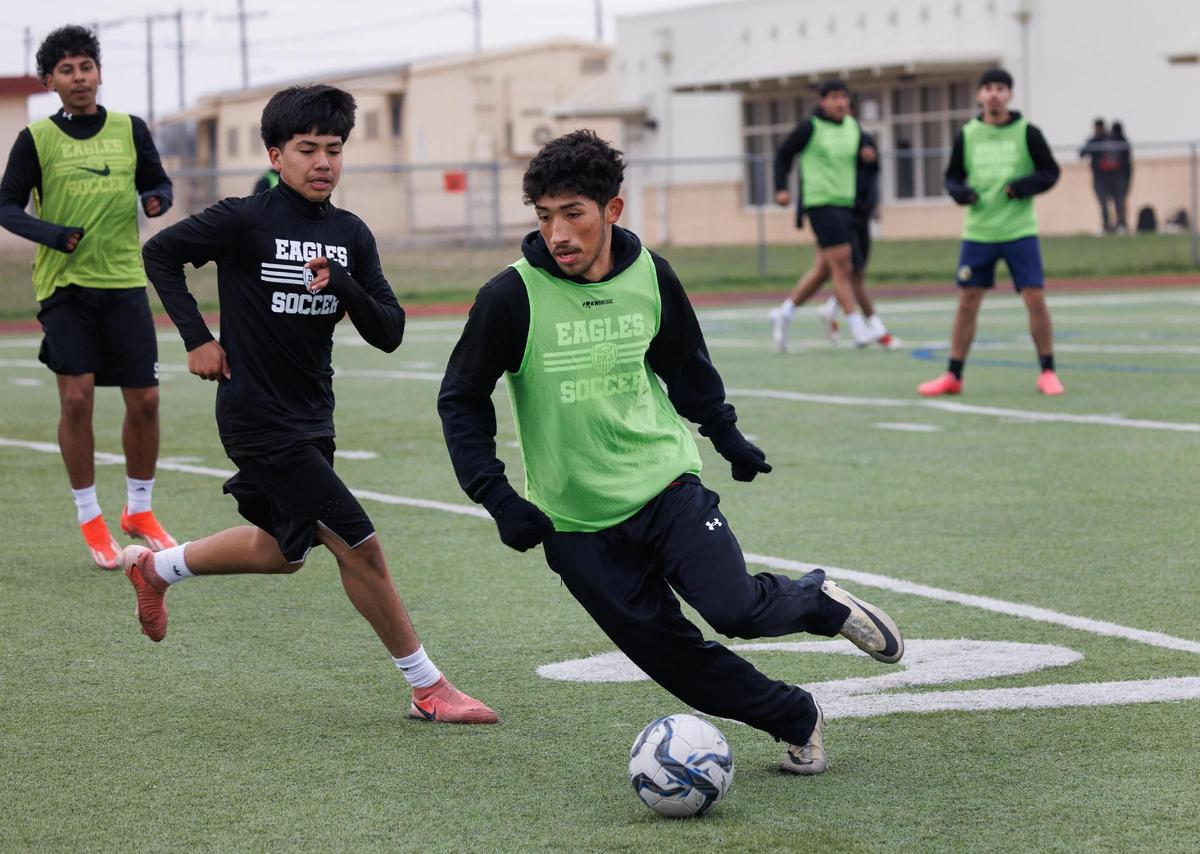 The Diamond Hill-Jarvis varsity soccer team practices on Thursday, Feb. 13, 2025, in Fort Worth.