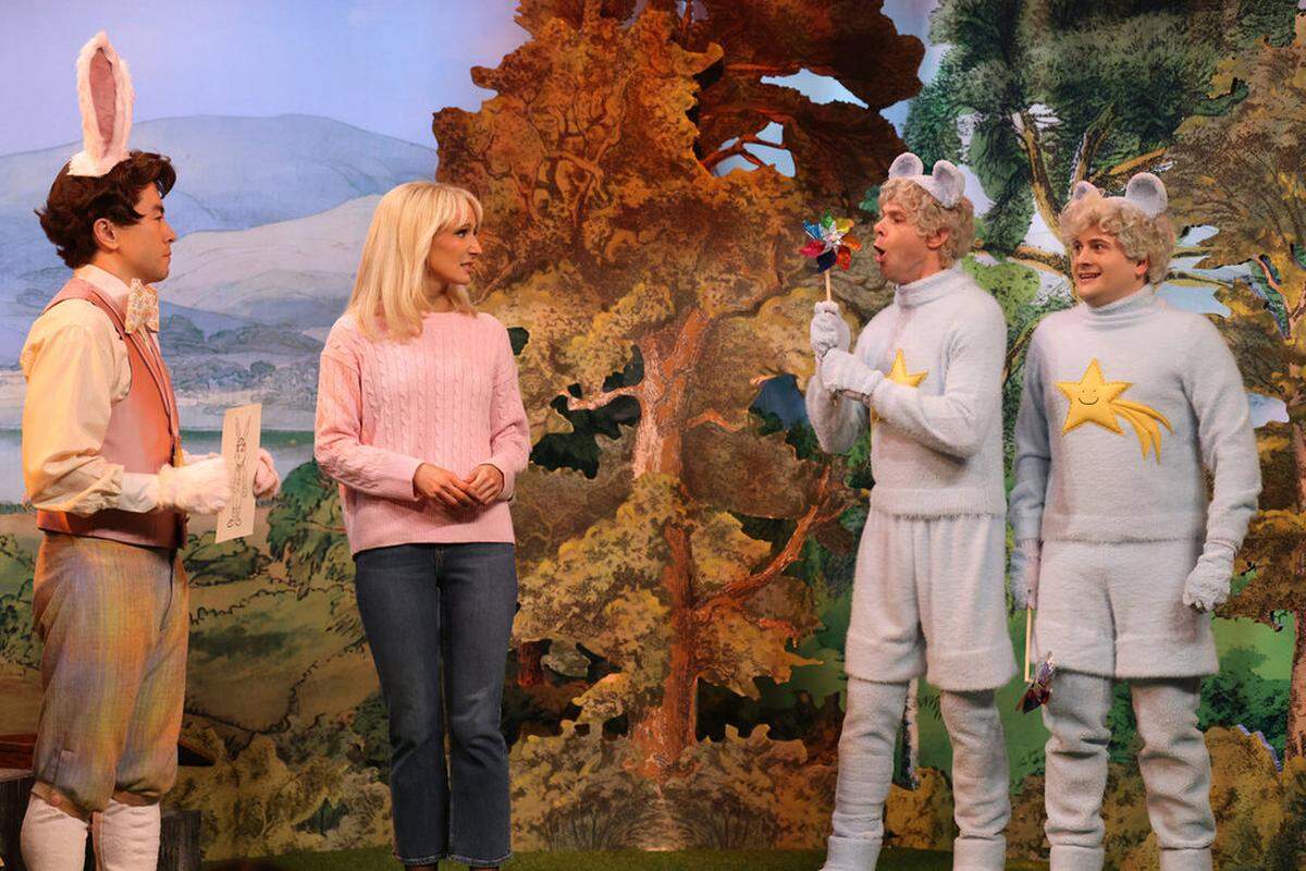 Left to right, Bowen Yang, host Nikki Glaser, Mikey Day, and Jeremy Culhane during the Pinwheel sketch on Saturday, November 8, 2025.