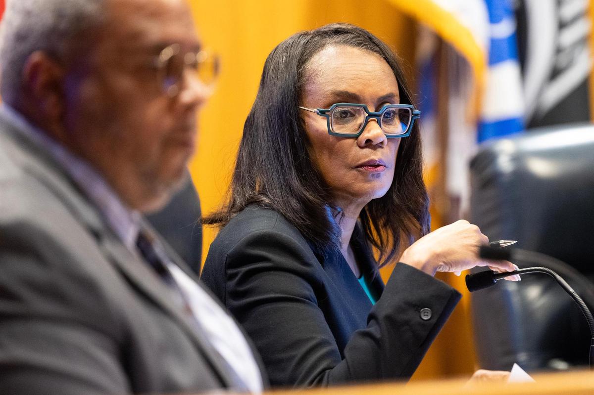 Alisa Simmons, the Tarrant County Commissioner of Precinct 2, listens during the public comment portion of a Tarrant County Commissioners Court meeting at the Tarrant County Administration Building in Fort Worth on Tuesday, June 3, 2025. The approval for redistricting is on the agenda for the meeting and has been a controversial topic for the communities possibly affected.