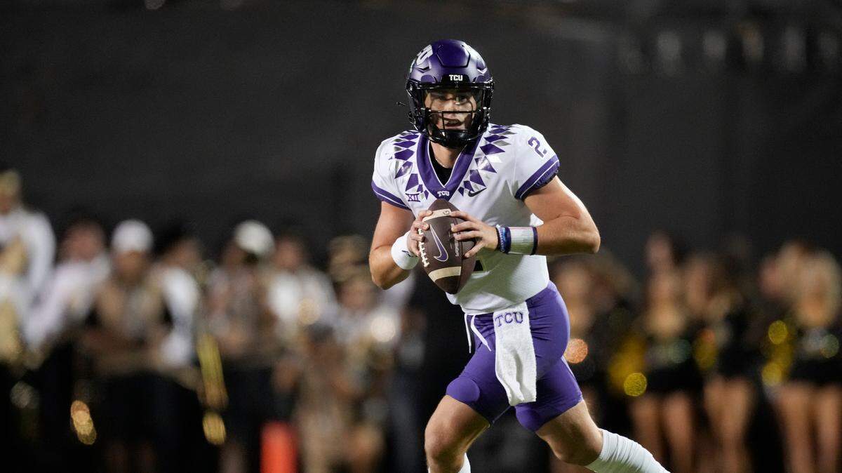 TCU quarterback Chandler Morris rolls out during the first half of the team’s game against Colorado on Friday, Sept. 2, 2022, in Boulder, Colo. Morris will miss his second straight game at SMU with a knee injury. (AP Photo/David Zalubowski)