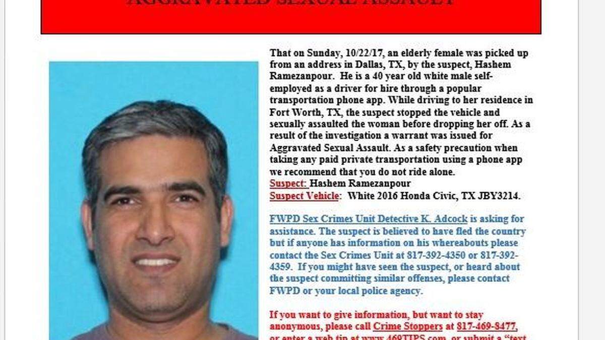 Hashem Ramezanpour, 40, a driver for a ride-hailing service, is wanted in the sexual assault of an older woman after driving her home last month, police said.