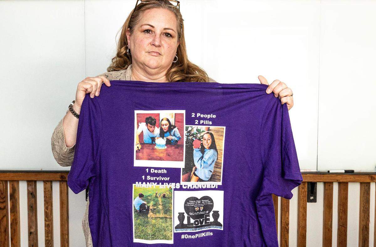 Andrea McCutcheon holds a shirt made in memory of her daughter Valerie Vineyard, who died from a fentanyl overdose on May 27, 2021, at the age of 19. Vineyard and her boyfriend were both found unconscious the morning after they took a pill laced with fentanyl. Vineyard’s boyfriend survived, but she did not.