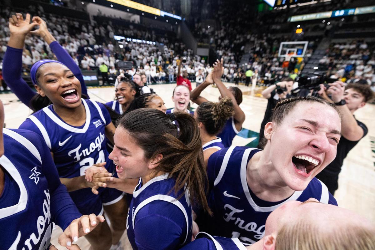 The TCU women’s basketball team celebrate after defeating Baylor 51-48 to win the Big XII conference title at Foster Pavilion in Waco on Sunday, March 2, 2025.