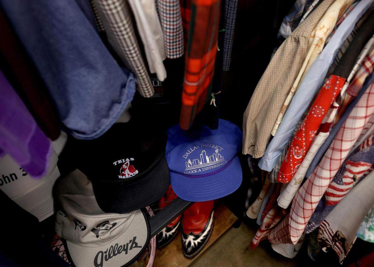 Vintage hats sit in the men’s section of Studio 74 Vintage in Fort Worth on Thursday, Dec. 23, 2021. Laura Simmons is the owner of the boutique shop that sells curated vintage clothing.