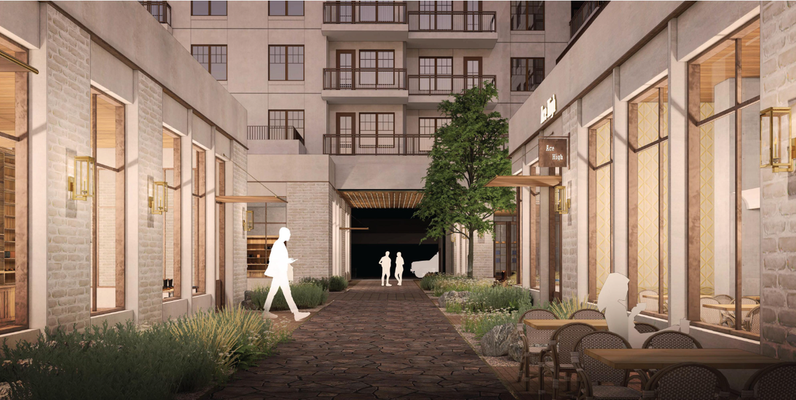 The proposed Merrimac mixed-use development would be home to a “retail grove” and a large, primarily residential building.