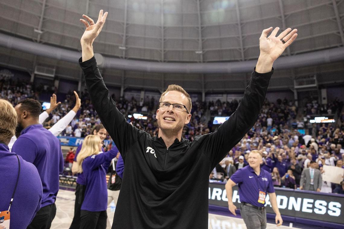 TCU Head Coach Mark Campbell waves to the crowd after defeating Louisville in the second round of the Women’s NCAA Championships Tournament at Schollmaier Arena in Fort Worth on Sunday, March 23, 2025.