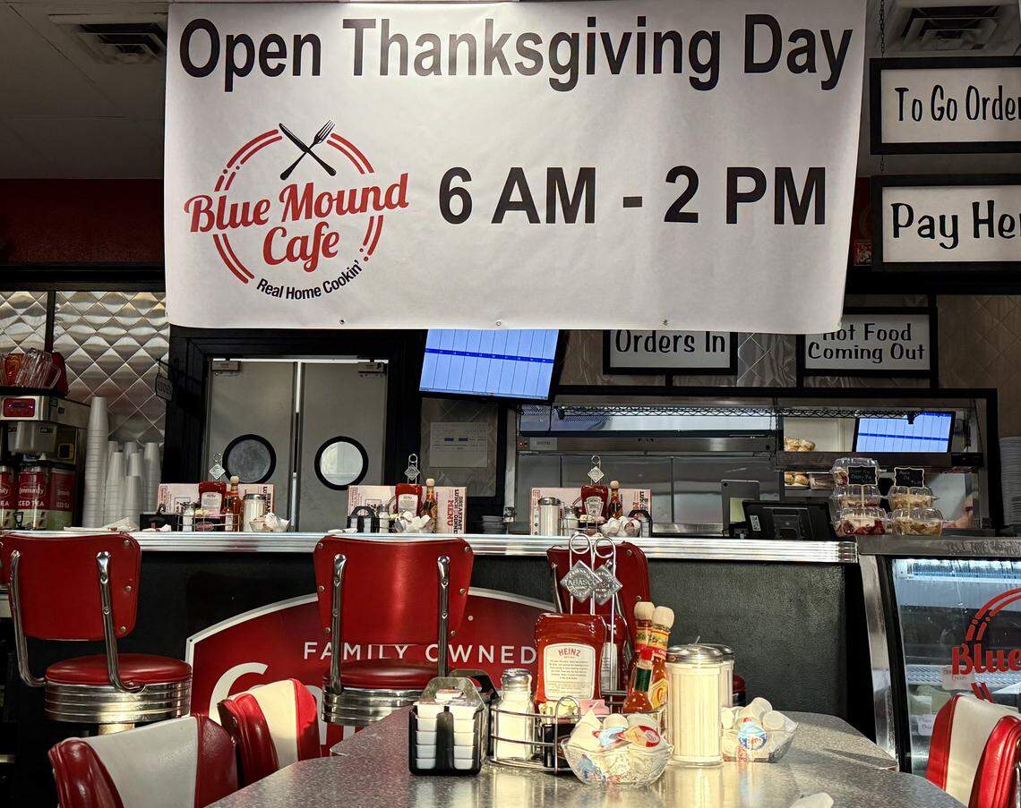 A Blue Mound Cafe location in west Fort Worth advertises prominently that it’s open for Thanksgiving Day, as seen Nov. 18, 2025.