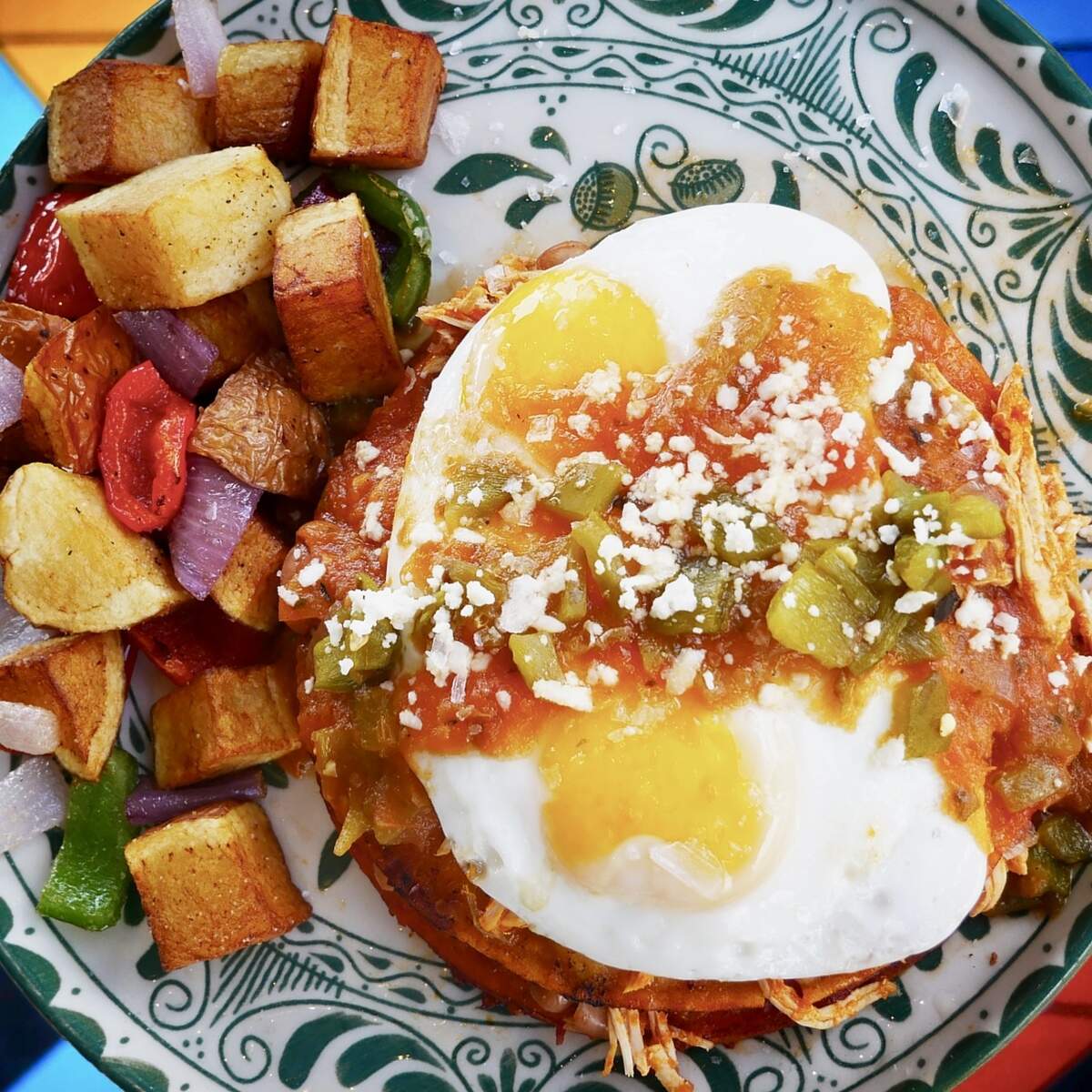 Huevos rancheros with Hatch green chiles at Blue Goose Cantina.
