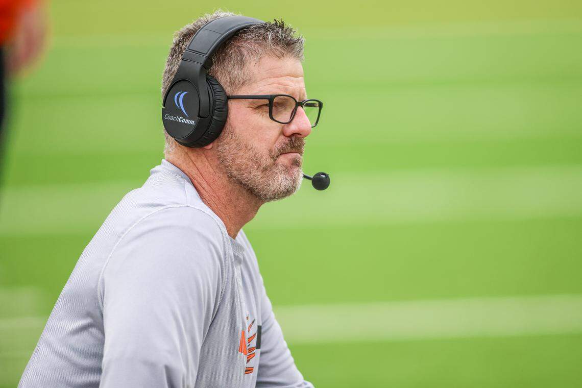Springtown head coach Brian Hulett looks on during a Class 4A Division I regional semifinal Friday, Nov. 28, 2025, at Knight Stadium at Eagle Mountain High School in Fort Worth.