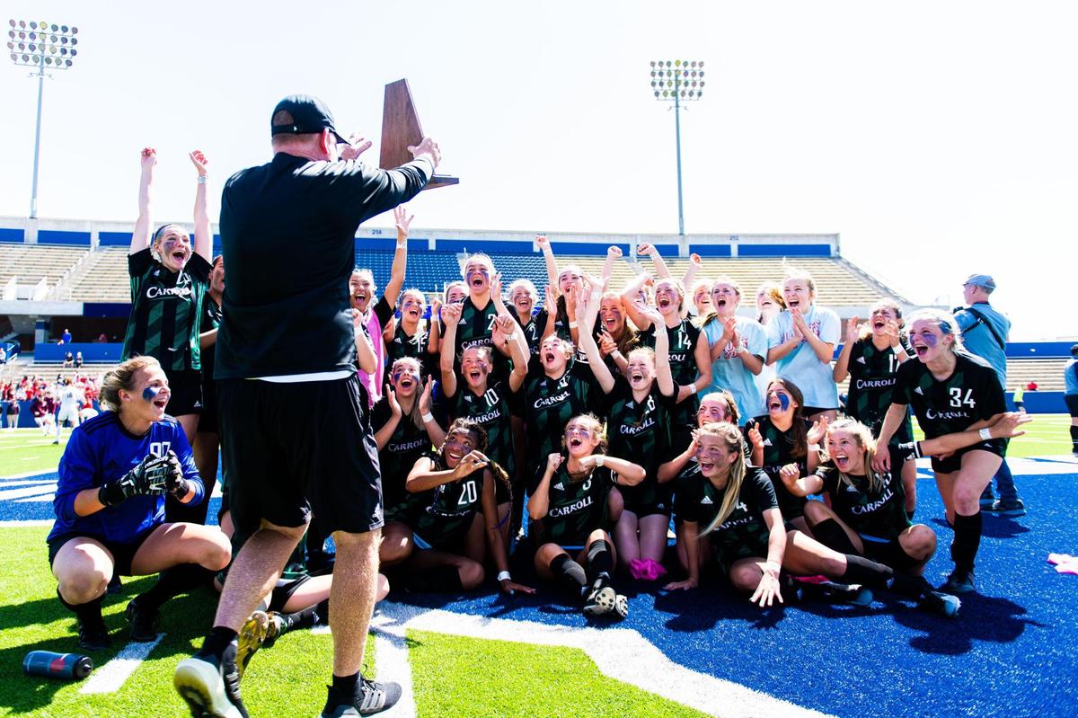 The Lady Dragons celebrate winning the 6A Regional Final and advancing to the State Tournament after beating Flower Mound Marcus 2-0 at McKinney ISD Stadium on April 9th, 2022.