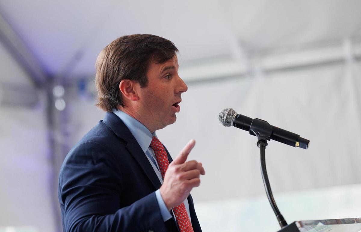 Walsh Companies CEO Ryan Dickerson speaks during the ground breaking for the new UTA West campus on Thursday, April 3, 2025.