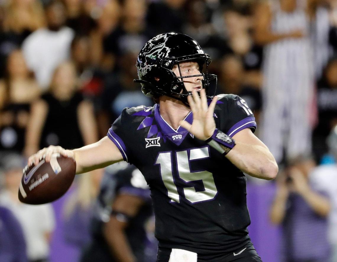 TCU quarterback Max Duggan (15) throws a short pass in the first half of a NCAA football game at Amon G. Carter Stadium in Fort Worth, Texas, Saturday, Oct. 22, 2022. Kansas State led TCU 28-17 at the half. (Special to the Star-Telegram Bob Booth)