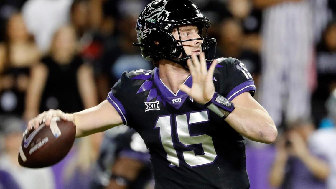TCU quarterback Max Duggan (15) throws a short pass in the first half of a NCAA football game at Amon G. Carter Stadium in Fort Worth, Texas, Saturday, Oct. 22, 2022. TCU defeated Kansas State 38-28. Duggan was compared to Tim Tebow by prominent college football analyst Joel Klatt after the win.